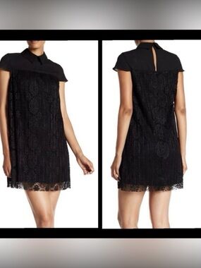Nanette Lepore Black Lace Shift Dress with Collar Detail